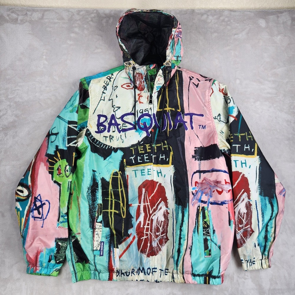 Members Only Jean Michel Basquiat Jacket Mens Medium Hooded Art Windbreaker